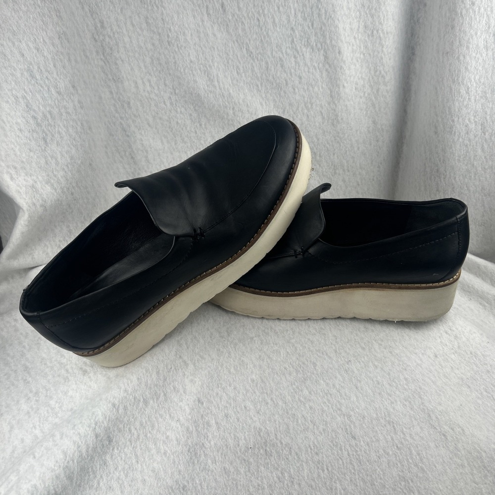 Vince Womens Leather Slip On Platform Heels Loafer Shoes Black White Size 9